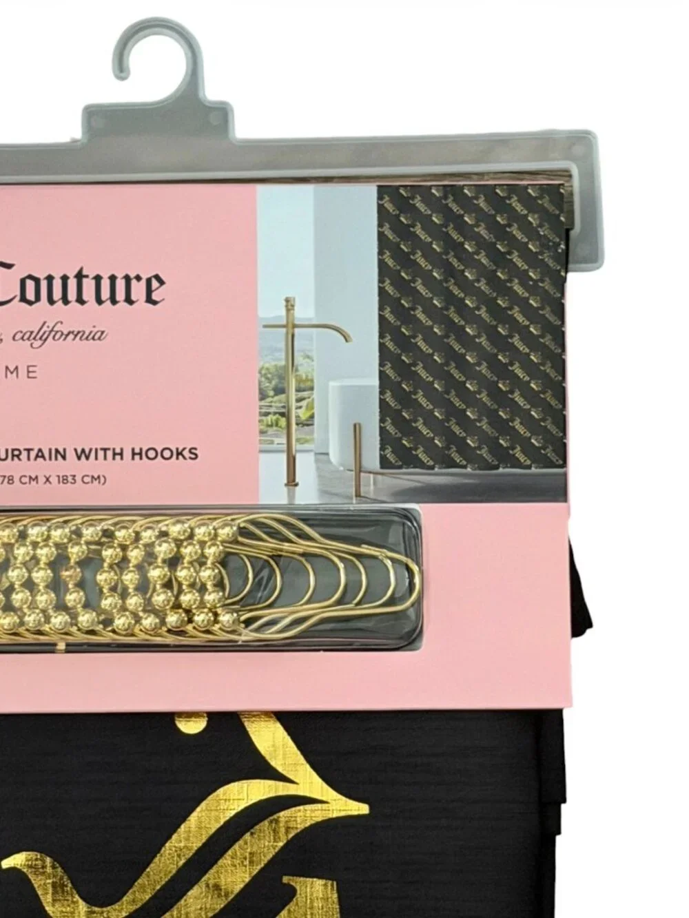 Juicy Couture Black & Gold Shower Curtain with Hooks | NEW